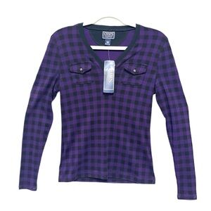 Chaps Purple Black Checkered Long Sleeve Henley Shirt Top